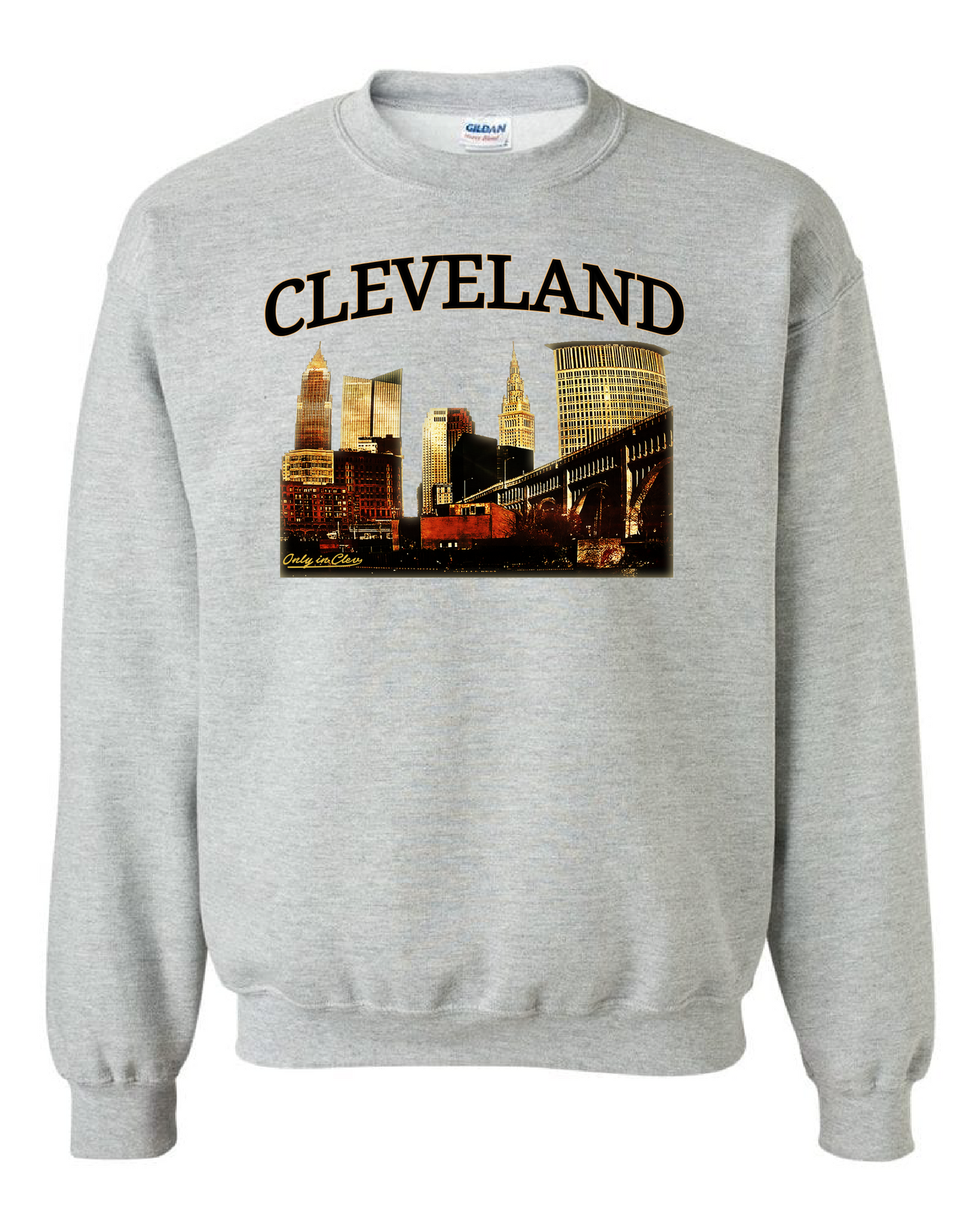 Grey crewneck with 'CLEVELAND' text and a skyline graphic of Cleveland, Ohio.