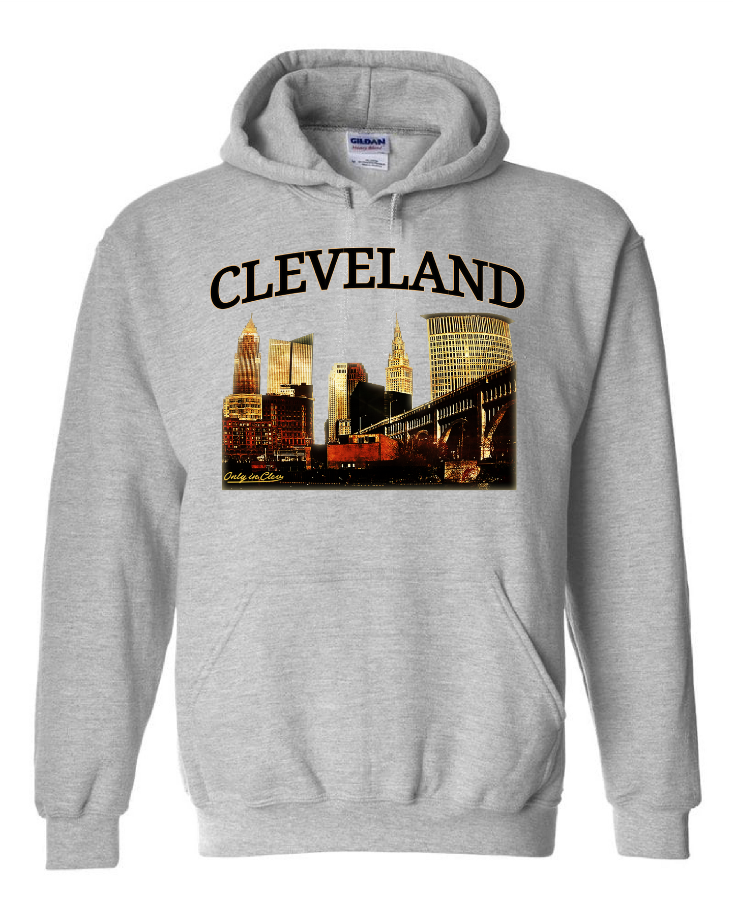 Grey hooded sweatshirt with 'CLEVELAND' text and a skyline graphic of Cleveland, Ohio.
