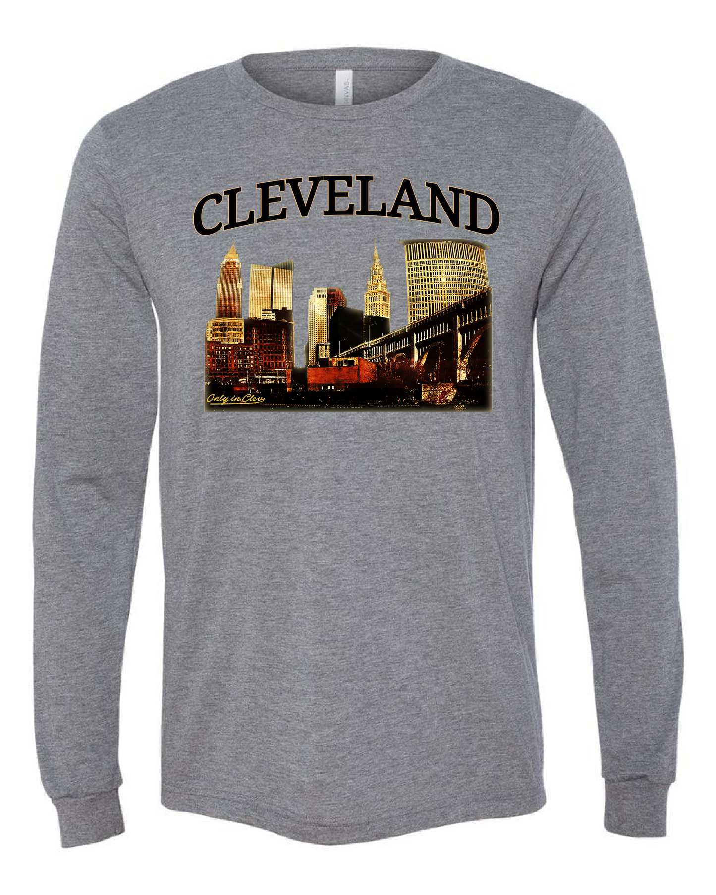 Grey longsleeve with 'CLEVELAND' text and a skyline graphic of Cleveland, Ohio.