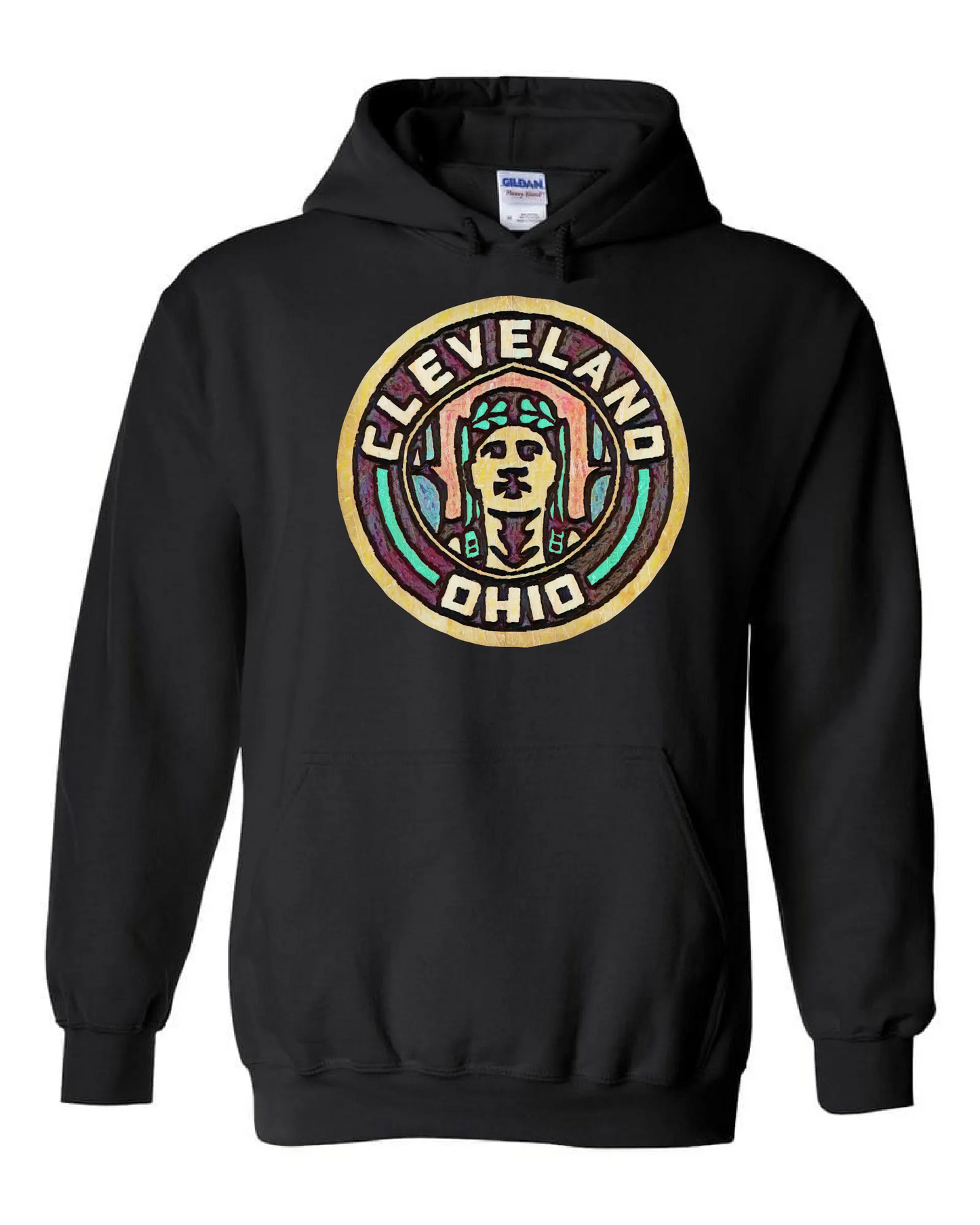 Black hoodie featuring a colorful circular graphic on the front that says “Cleveland Ohio” with a stylized face of the Guardian of Traffic statue.