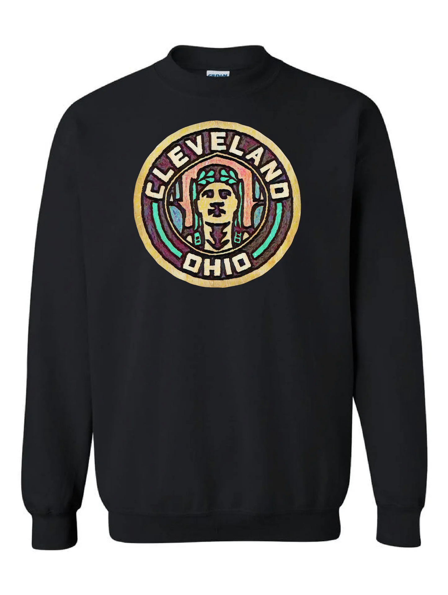 Black crewneck sweatshirt with a colorful circular design on the front that says “Cleveland Ohio” and features a stylized face of the Guardian of Traffic statue.