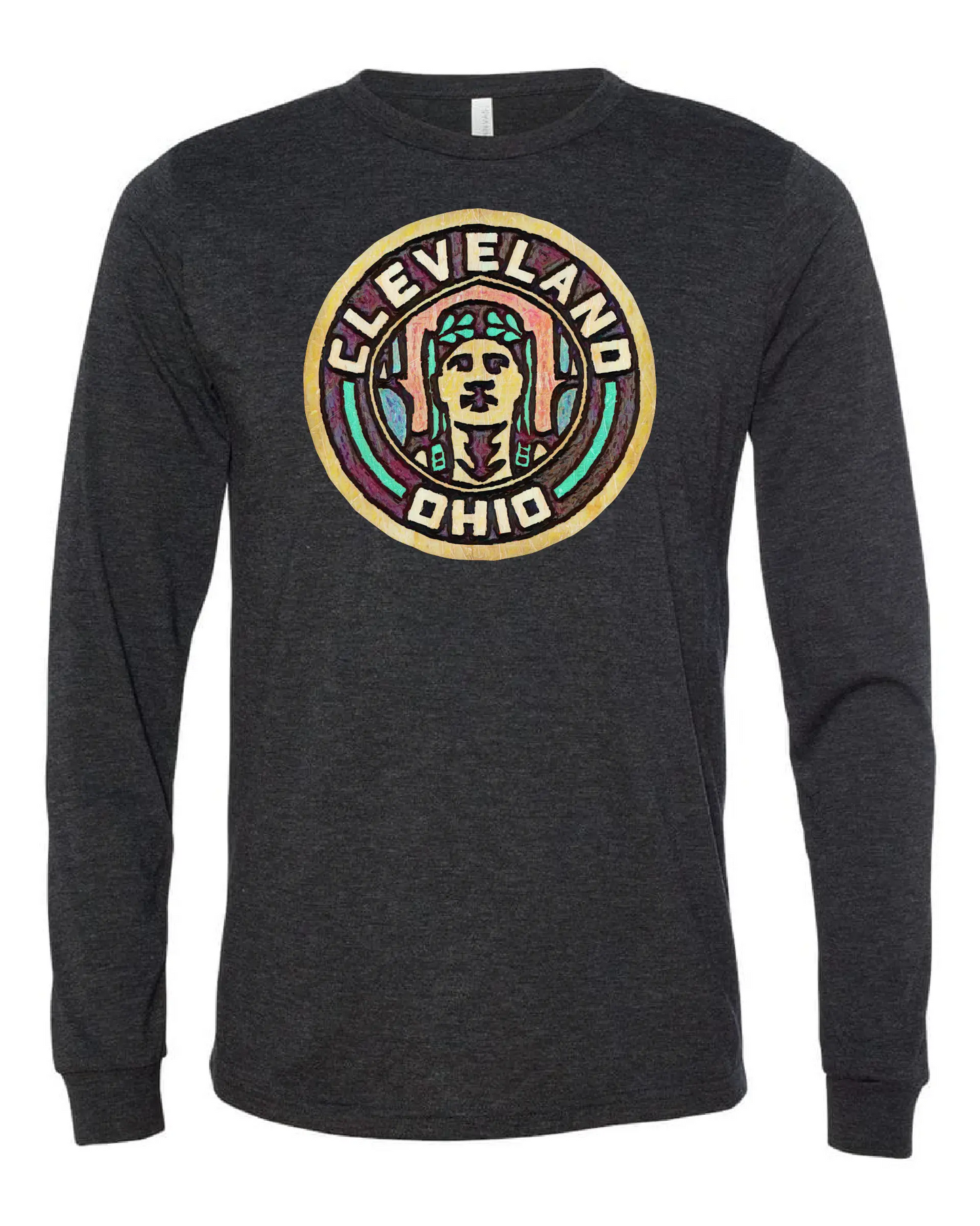 Black long sleeve t-shirt featuring a colorful circular design on the front with the words “Cleveland Ohio” and a stylized face of the Guardian of Traffic statue.