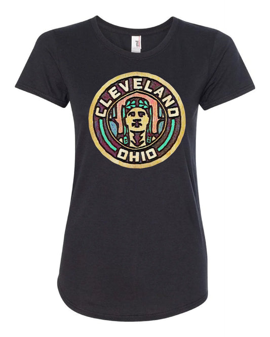 Women’s black t-shirt with a colorful circular design on the front that says “Cleveland Ohio” and features a stylized Guardian of Traffic statue.