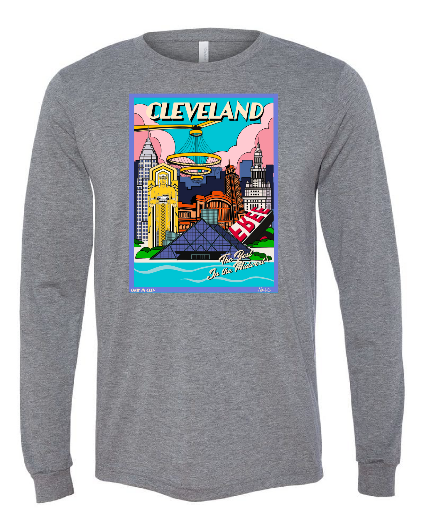 A grey lonsleeve with a colorful front graphic print depicting Cleveland landmarks and the text 'CLEVELAND' across the chest.