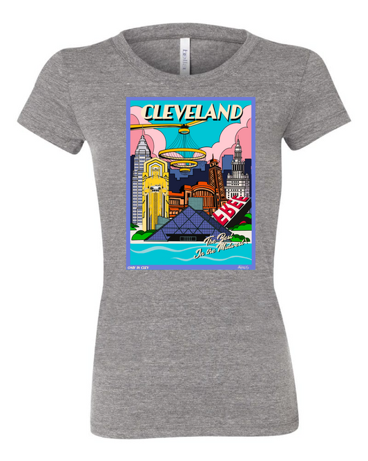 A grey womens t-shirt with a colorful front graphic print depicting Cleveland landmarks and the text 'CLEVELAND' across the chest.