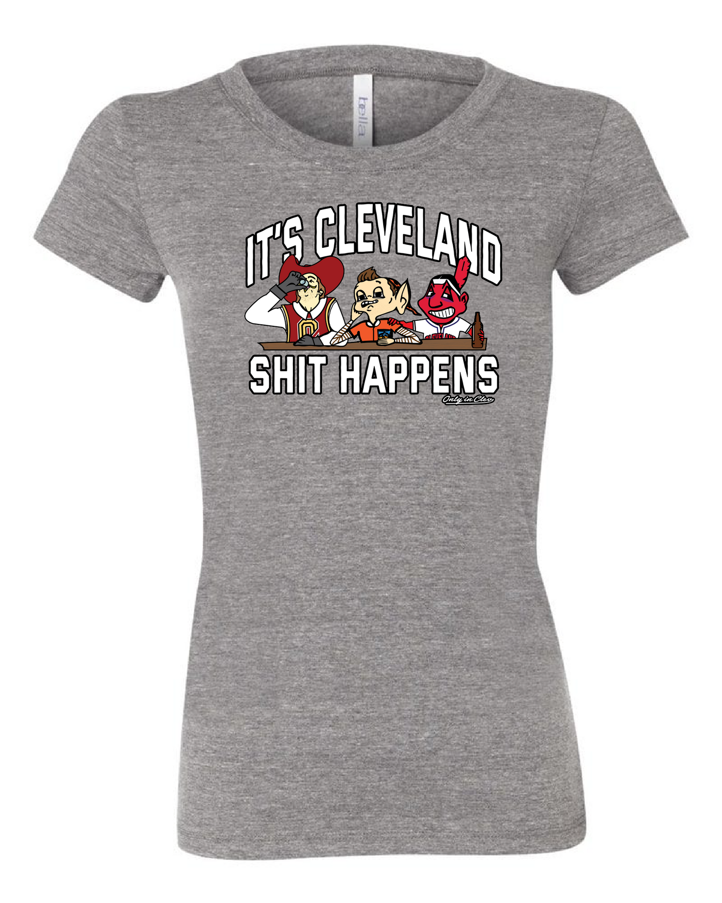 A grey women's t-shirt with the text 'IT'S CLEVELAND SHIT HAPPENS' on the front, featuring cartoonish sports characters.
