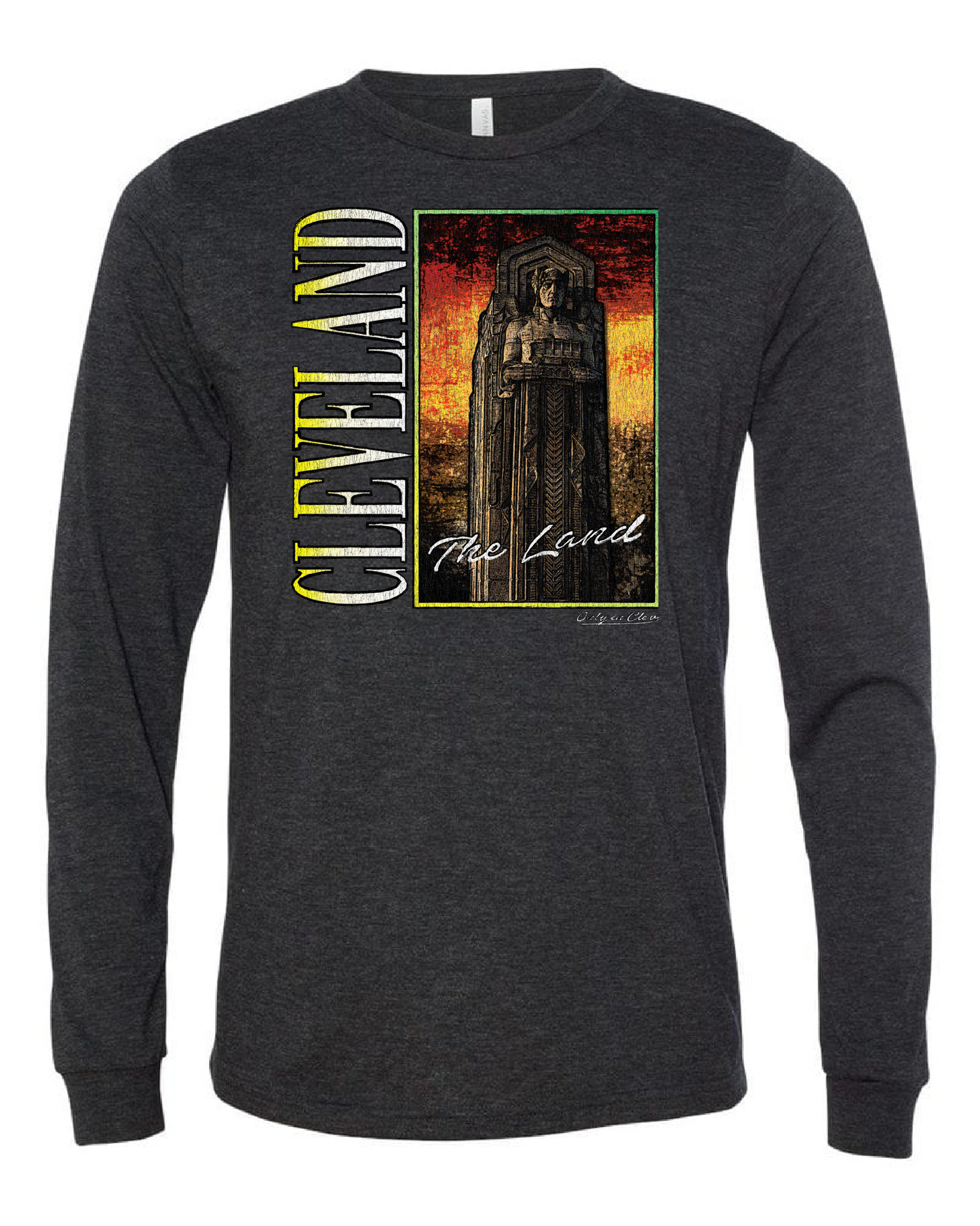 Black long sleeve shirt with 'CLEVELAND' and 'THE LAND' text on the front and a graphic of a sports stadium on the back.