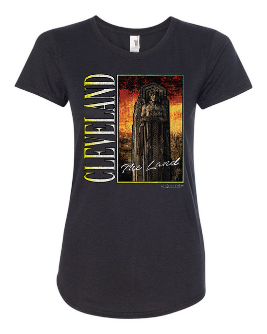 Black women's shirt with 'CLEVELAND' and 'THE LAND' text on the front and a graphic of a sports stadium on the back.