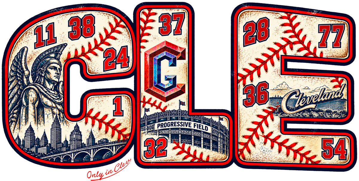 Red, navy, and cream CLE baseball artwork with Cleveland landmarks and baseball stitching