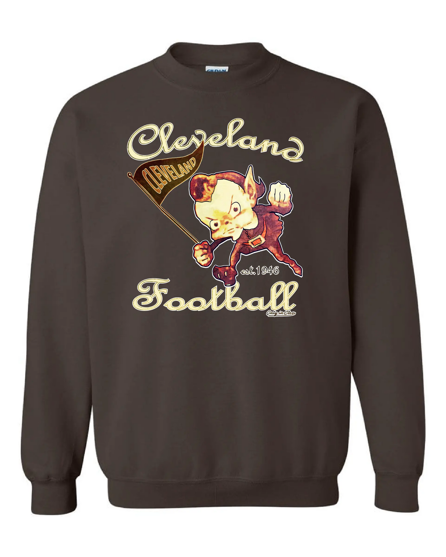 Cleveland Vintage Elf design on brown Crewneck– Cleveland football apparel