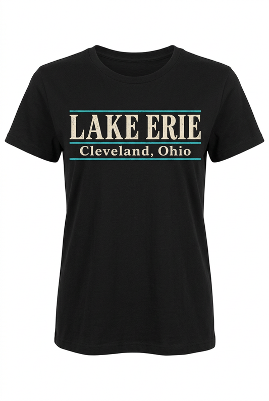 Lake Erie Lettering on black women's short sleeve T-shirt