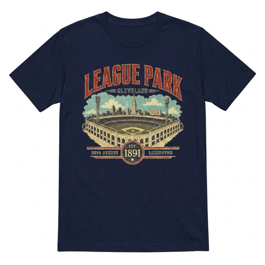League Park retro Cleveland baseball design on women's navy tee