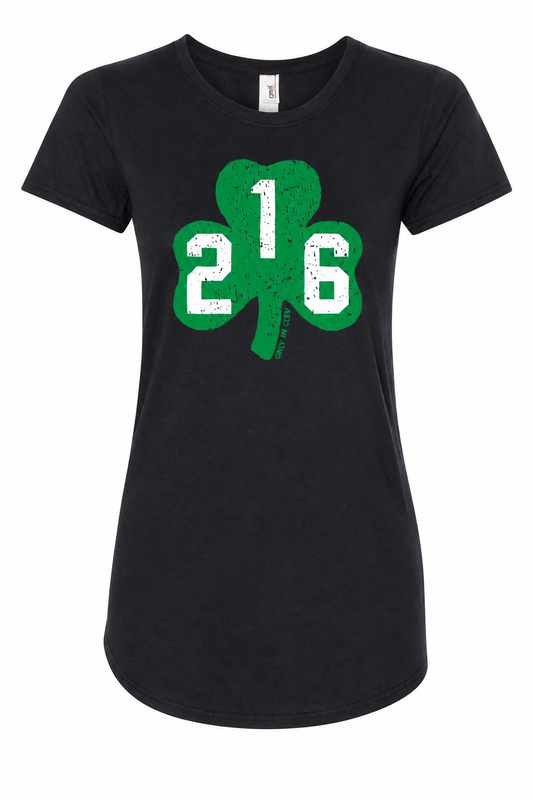 Women's black tee with green 216 shamrock design