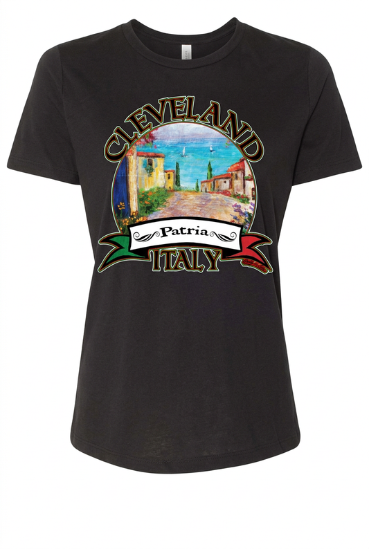 Cleveland Patria Italy design on a black women's short-sleeve T-shirt