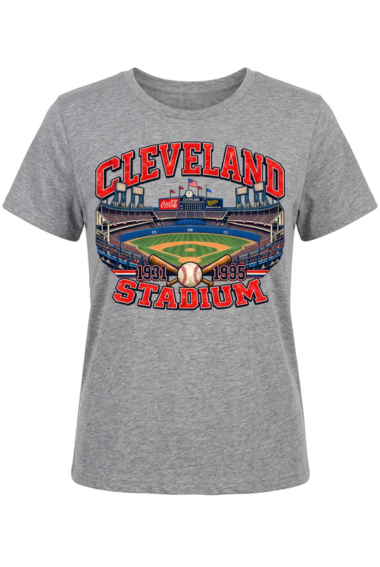 Cleveland Baseball Stadium on gray women's short sleeve shirt
