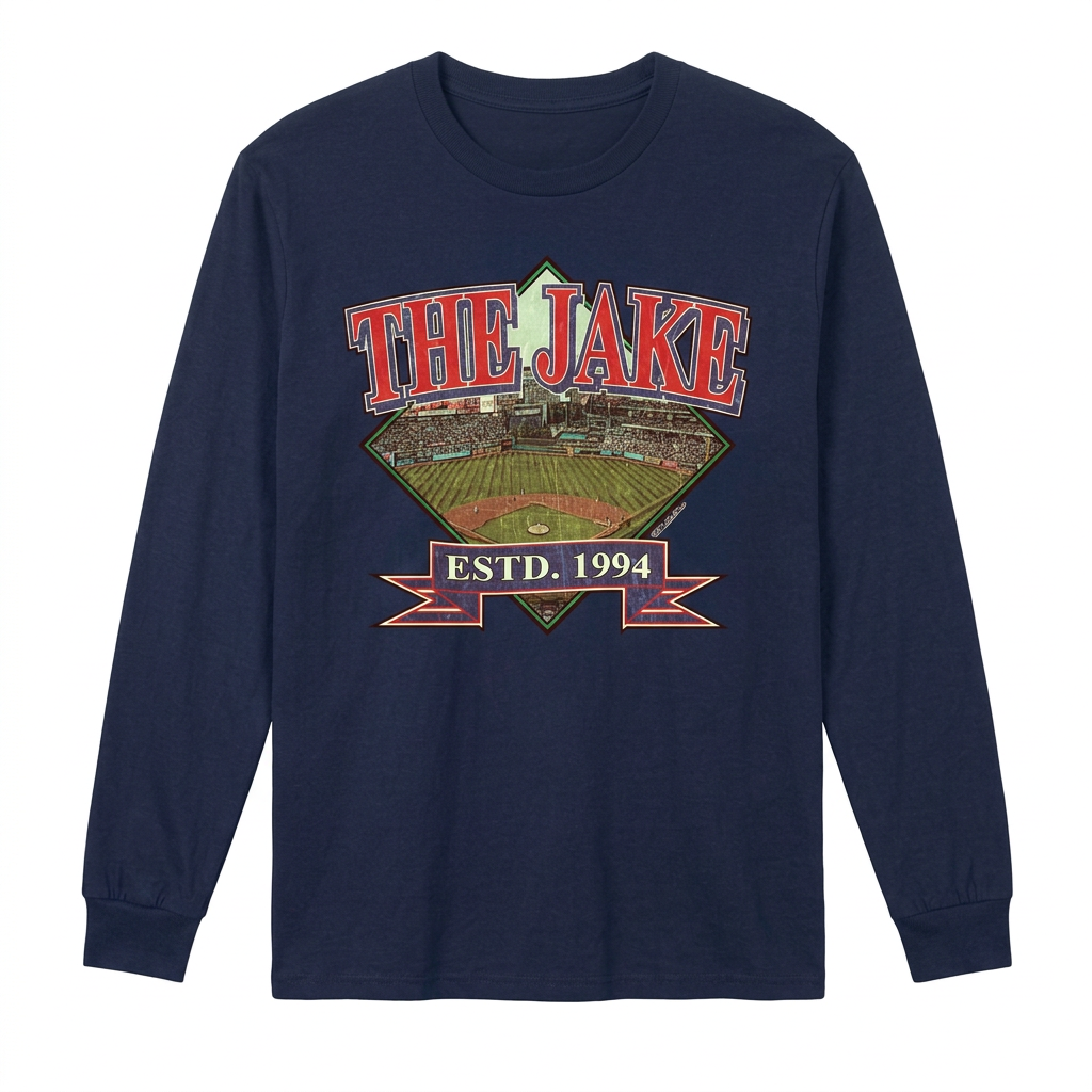 The Jake Cleveland baseball design on navy long-sleeve T-shirt