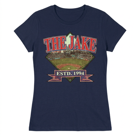 The Jake Cleveland baseball design on women's navy short-sleeve T-shirt
