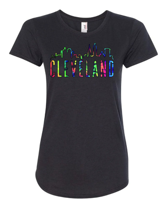A black womens t-shirt with the word 'CLEVELAND' printed in colorful letters with the Cleveland skyline.