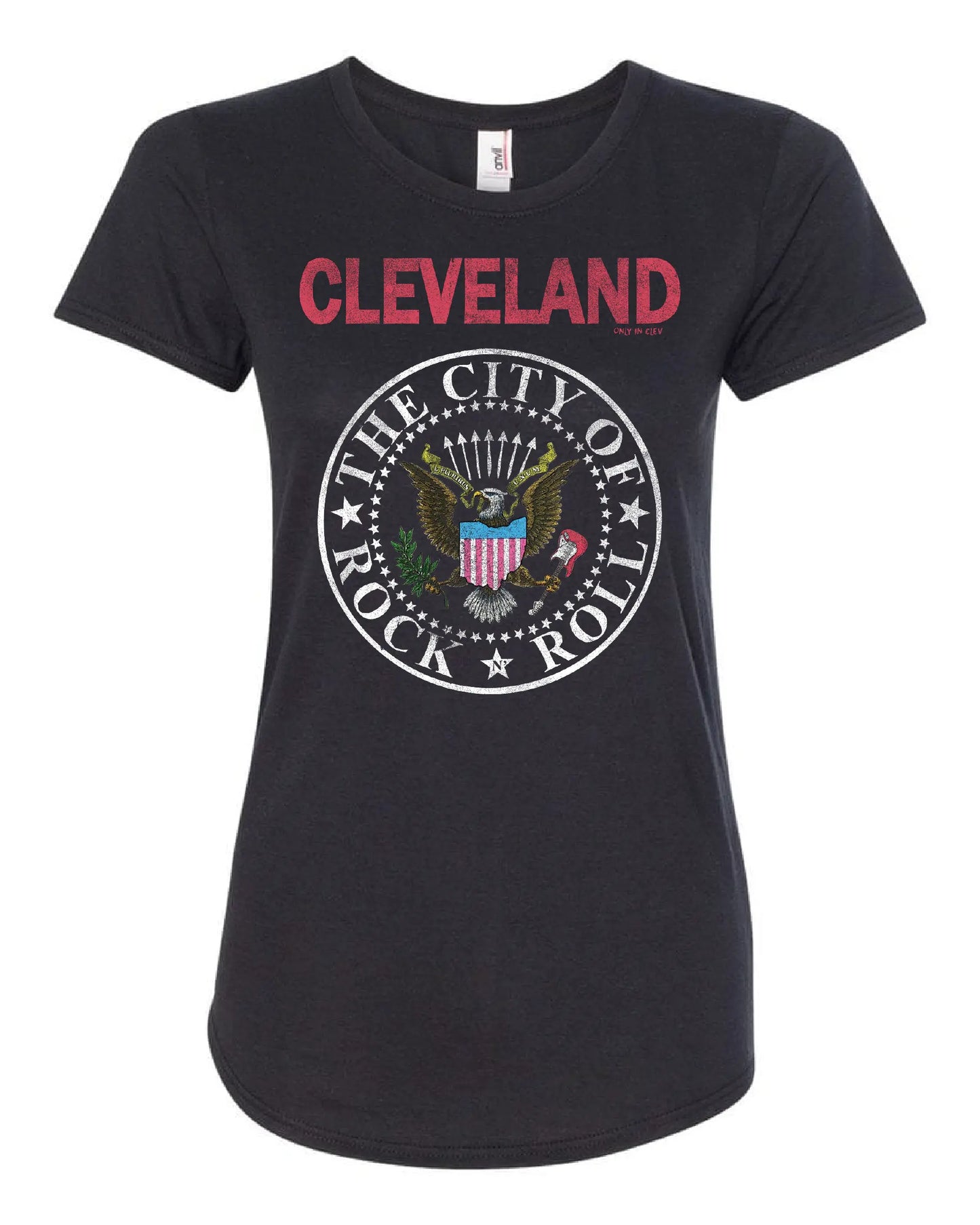 Cleveland Rock and Roll Crest on Black - Only in Clev 2XL-Women-s-Short-Sleeve-T-Shirt