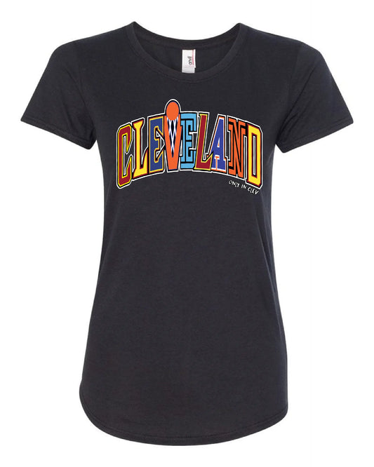 "Cleveland Basketball Colorful Script" on Black - Only in Clev