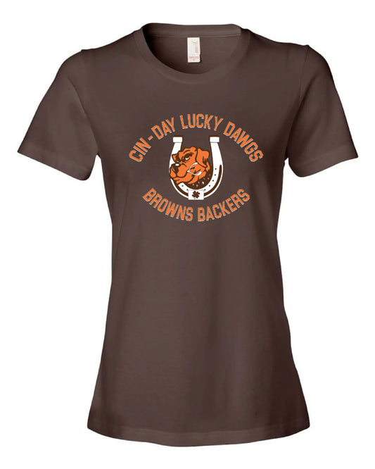 "Cin - Day Lucky Dawgs" Full design on Brown - Only in Clev 3XL-Women-s-short-sleeve
