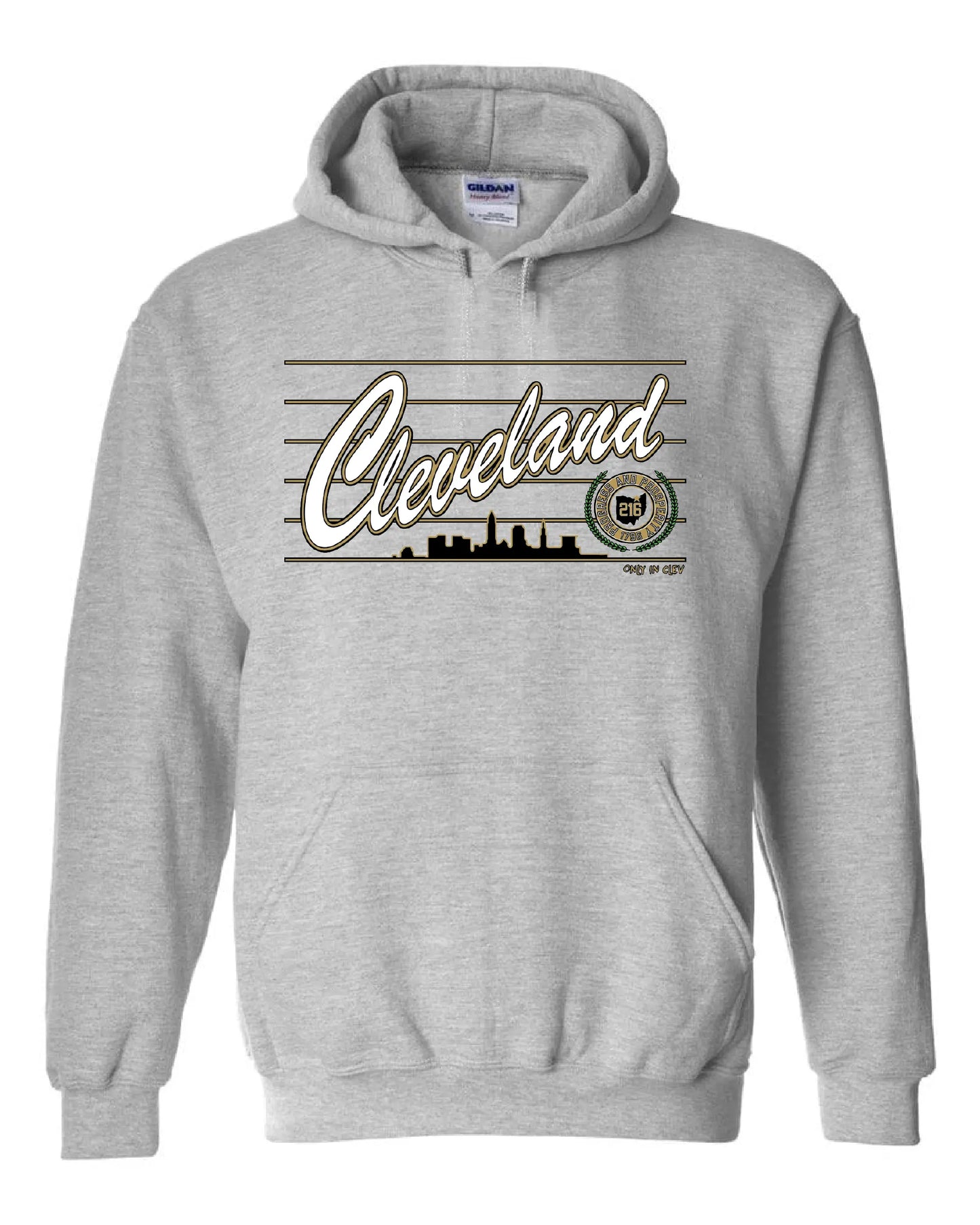 "Cleveland Script Metallic Gold" Design on Gray - Only in Clev