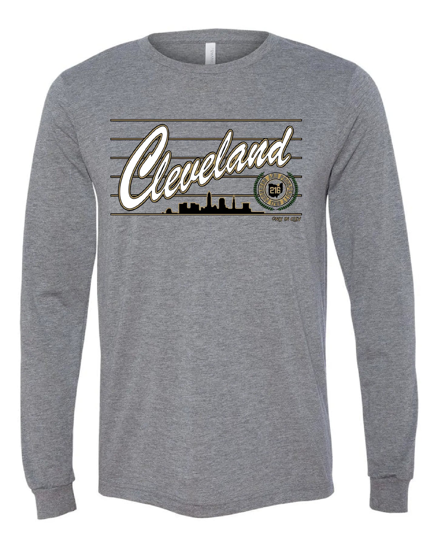 "Cleveland Script Metallic Gold" Design on Gray - Only in Clev