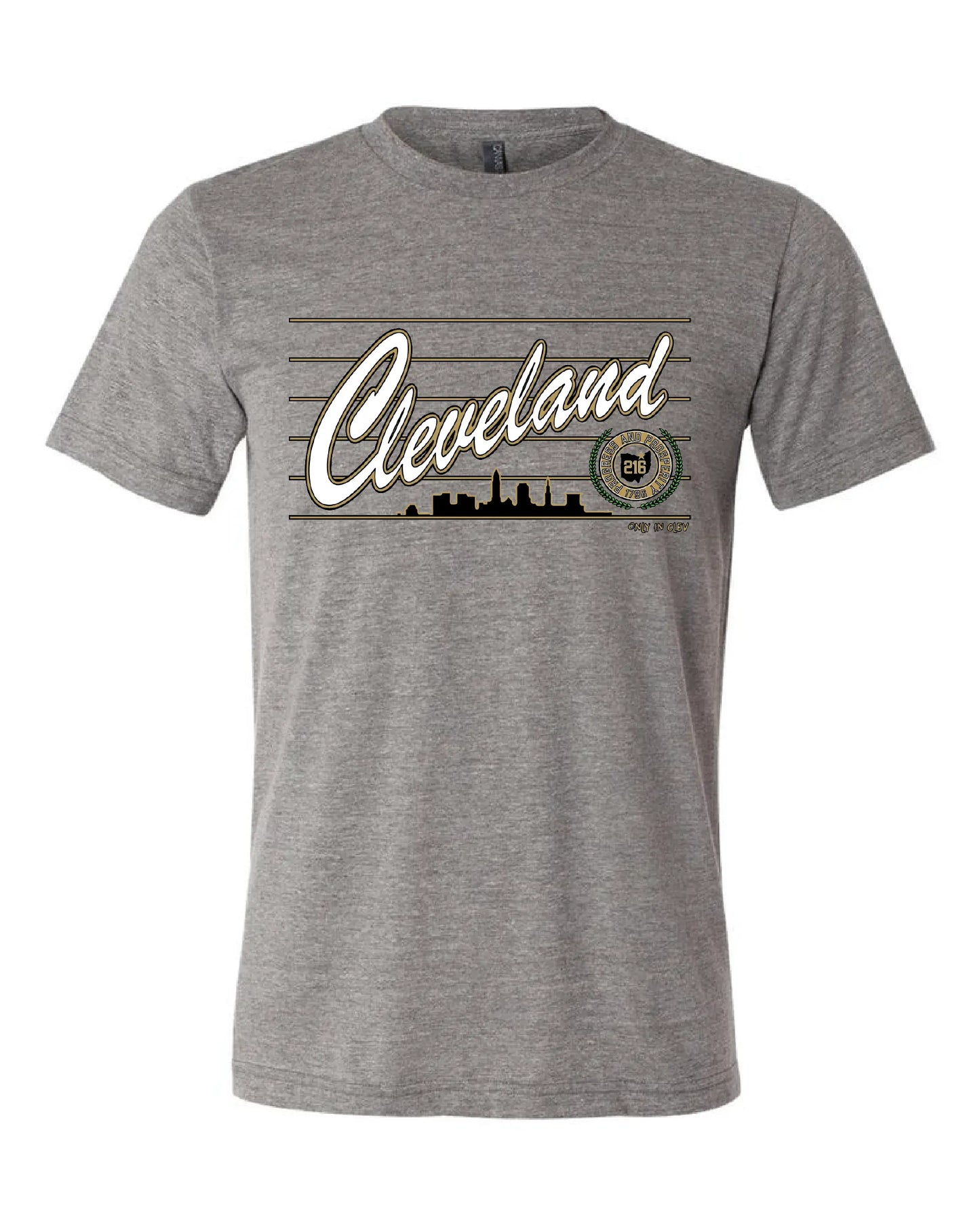 "Cleveland Script Metallic Gold" Design on Gray - Only in Clev