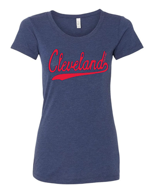 "Red Script" Cleveland Baseball Design on Navy - Only in Clev 2XL-Women-s-Short-Sleeve-T-Shirt