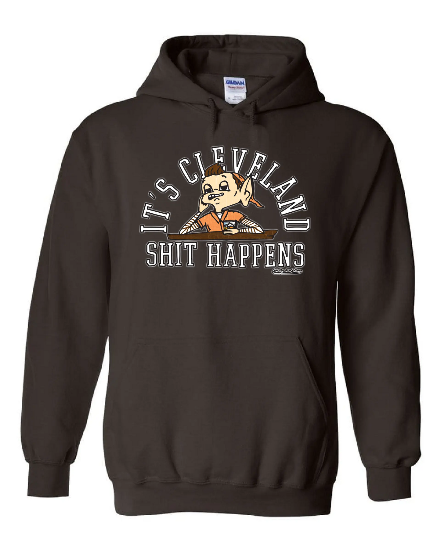 Shit Happens Drinking Elf Design" on Brown - Only in Clev
