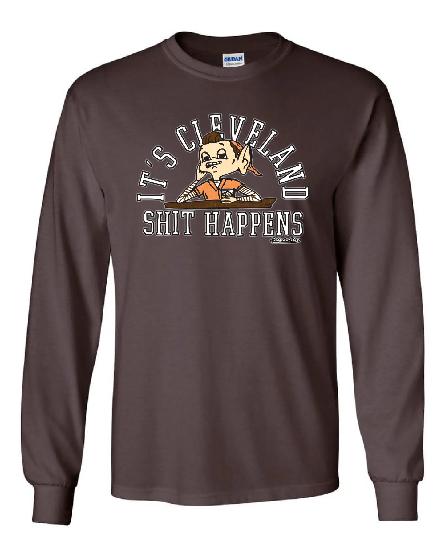 Shit Happens Drinking Elf Design" on Brown - Only in Clev