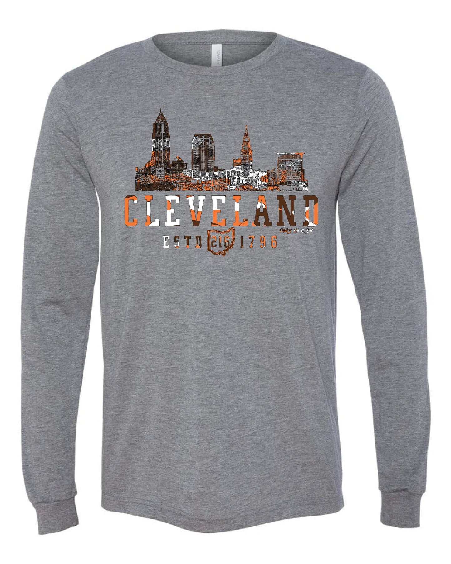 "Cleveland Brown & Orange Camo Skyline" on Gray - Only in Clev