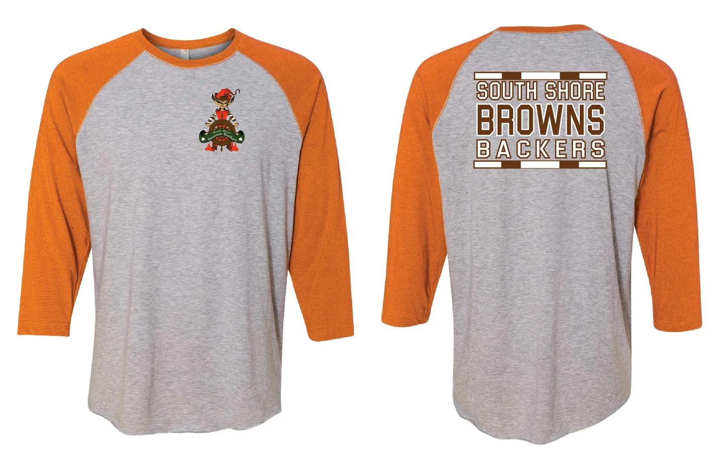"South Shores Backers" Alternate Design on Raglan 3/4 Quarters - Only in Clev 2XL-Raglan-3-4-sleeves-gray-orange-color