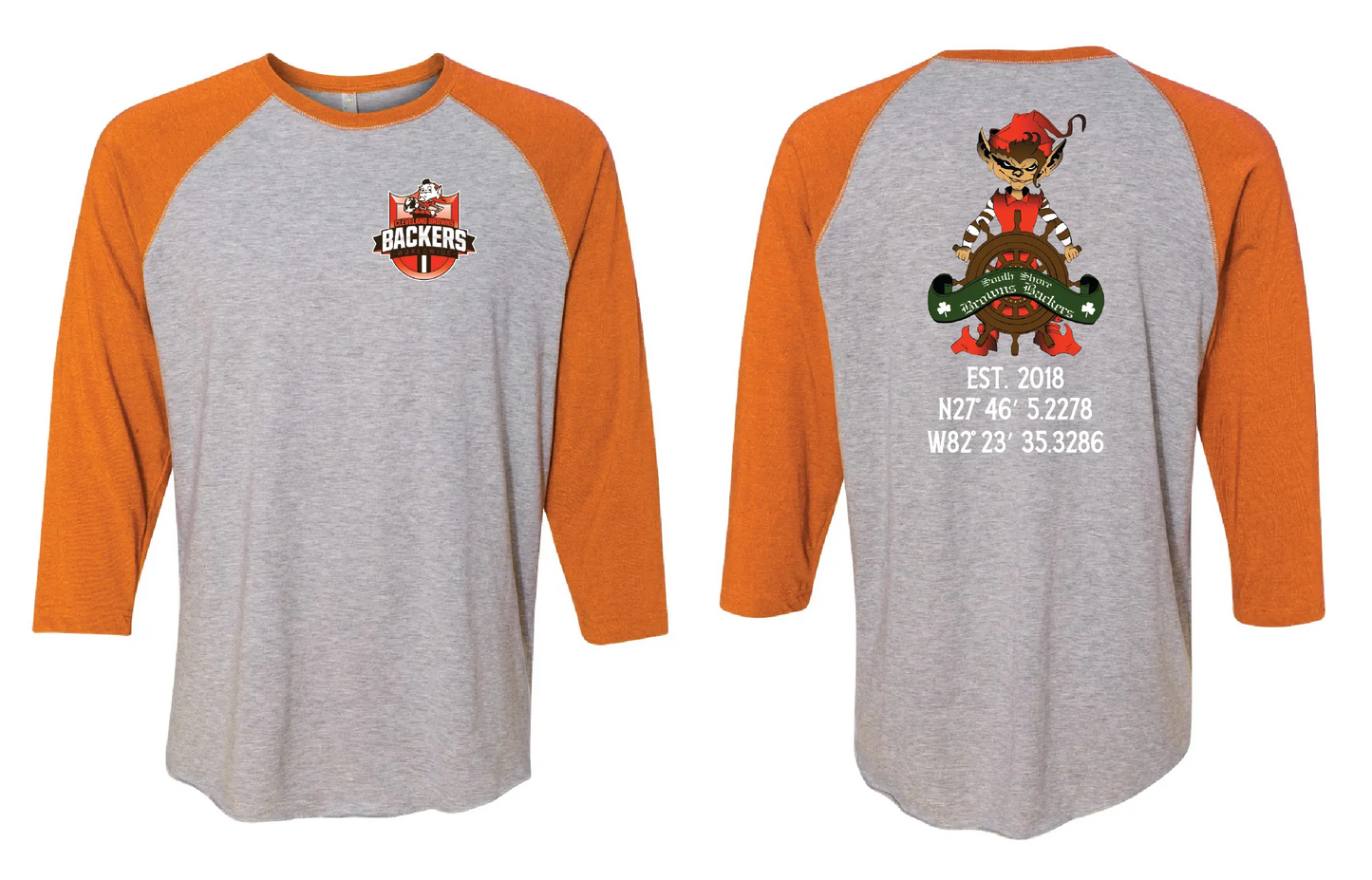 "South Shores Backers" Elf Design on Raglan 3/4 Quarters - Only in Clev 2XL-Raglan-3-4-sleeves-gray-orange-color
