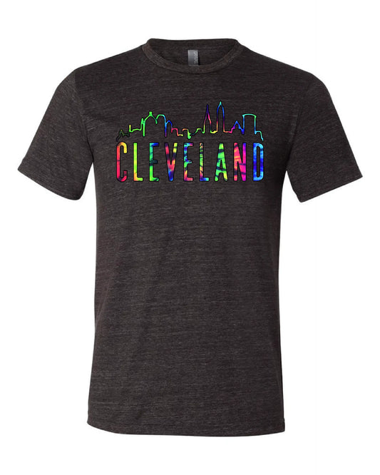 A black  t-shirt with the word 'CLEVELAND' printed in colorful letters with the Cleveland skyline.