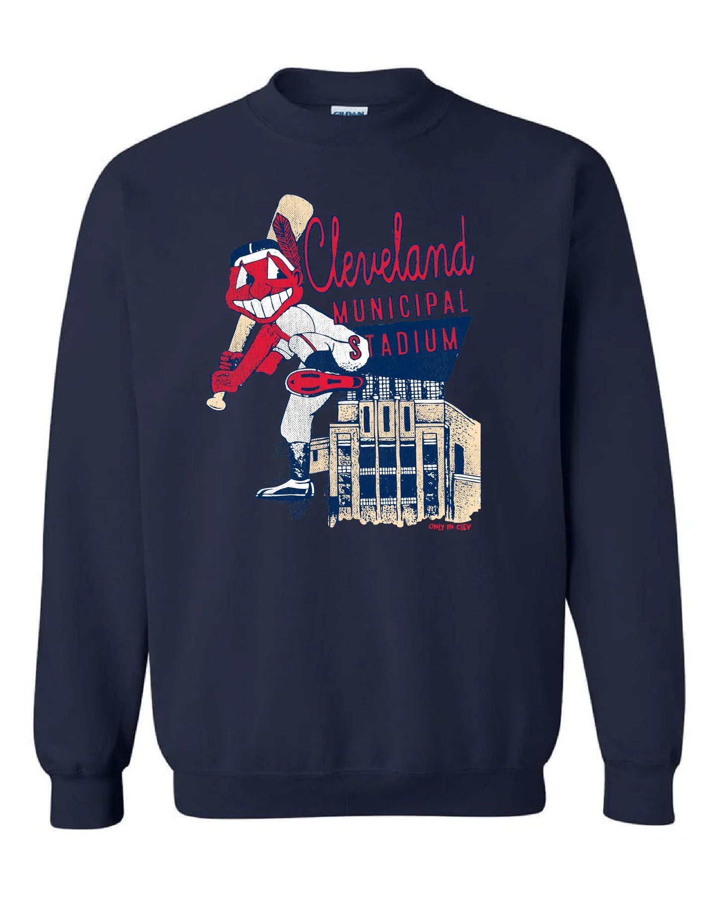 "Cleveland Municipal Stadium (Baseball) on Navy - Only in Clev 3XL-Crew-Sweatshirt