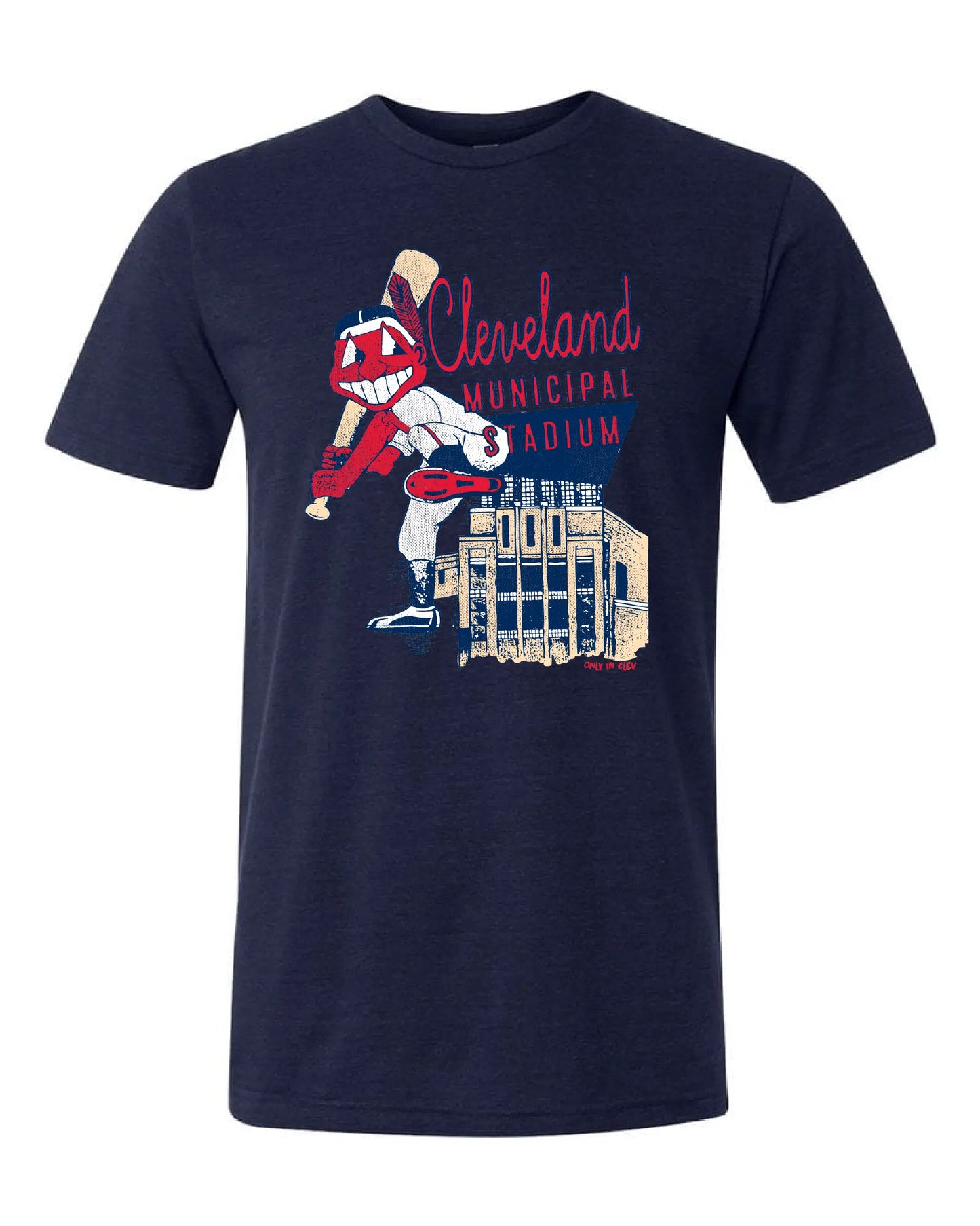 "Cleveland Municipal Stadium (Baseball) on Navy - Only in Clev 3XL-Men-s-Short-Sleeve-T-Shirt