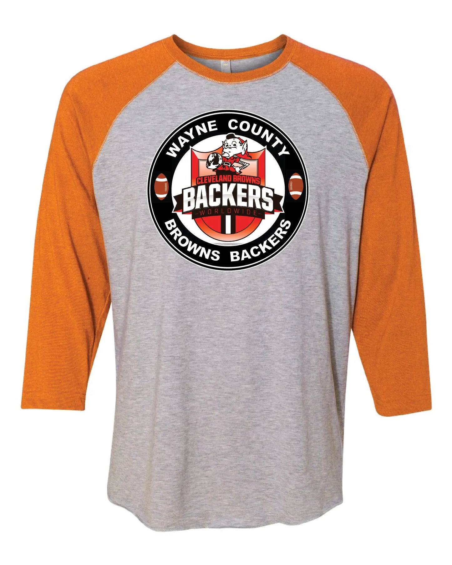 "Wayne County Browns Backers" Design on Raglan 3/4 Quarters - Only in Clev 2XL-Raglan-3-4-sleeves-gray-orange-color