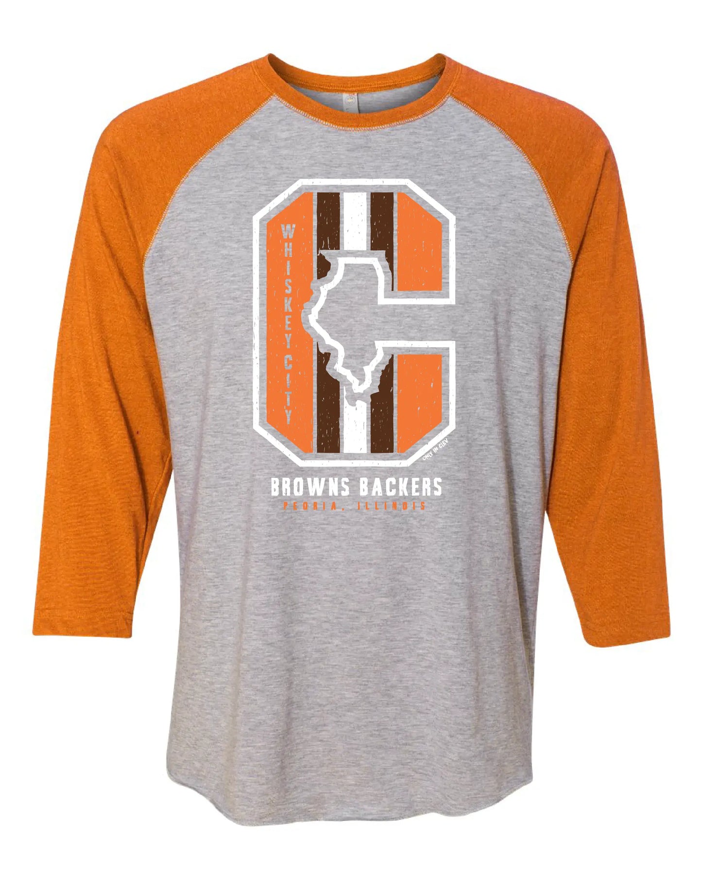 "Whiskey City Backers" Design on Raglan 3/4 Quarters - Only in Clev 2XL-Raglan-3-4-sleeves-gray-orange-color