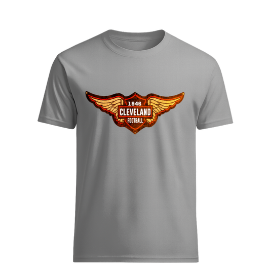 Gray t-shirt with a colorful logo on a white background