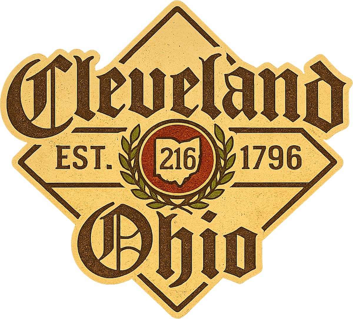 Original vintage-style Cleveland Ohio beer label artwork with 216 emblem and EST. 1796.