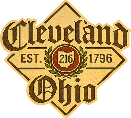 Original vintage-style Cleveland Ohio beer label artwork with 216 emblem and EST. 1796.