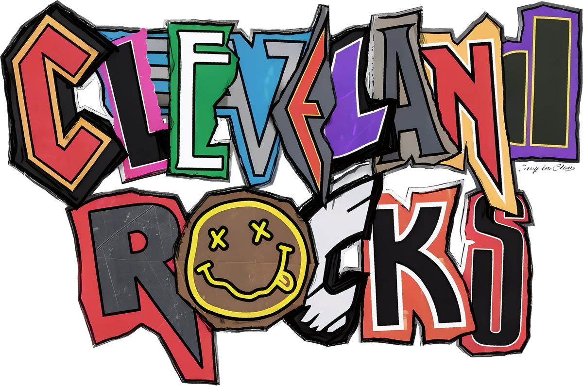 Cleveland Rocks artwork with colorful mixed-style lettering and a smiley face inside the O.