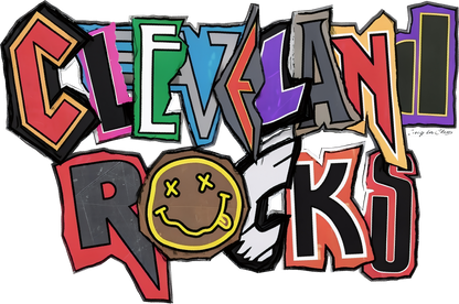 Cleveland Rocks artwork with colorful mixed-style lettering and a smiley face inside the O.