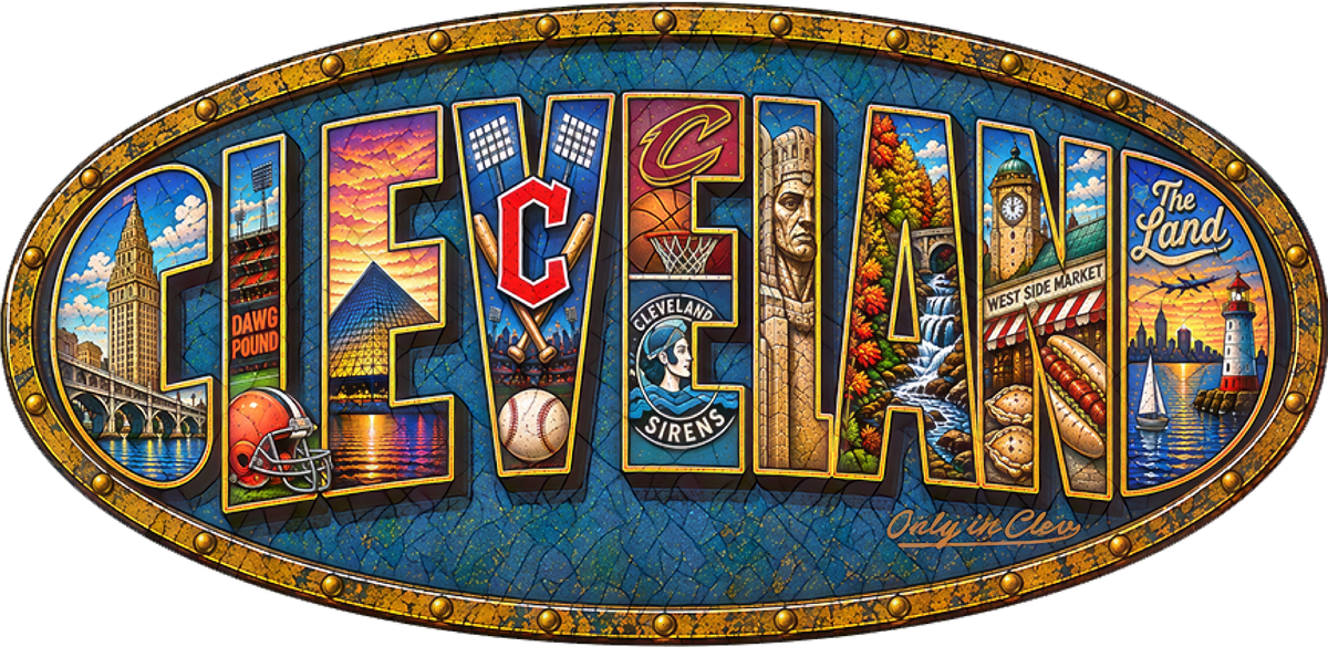 Blue-and-gold Cleveland oval artwork filled with sports imagery, local landmarks and Only in Clev branding.