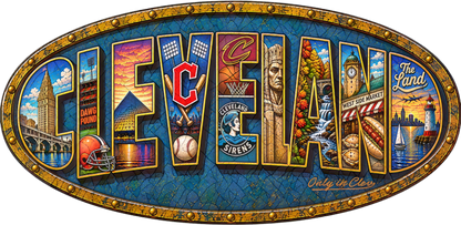 Blue-and-gold Cleveland oval artwork filled with sports imagery, local landmarks and Only in Clev branding.