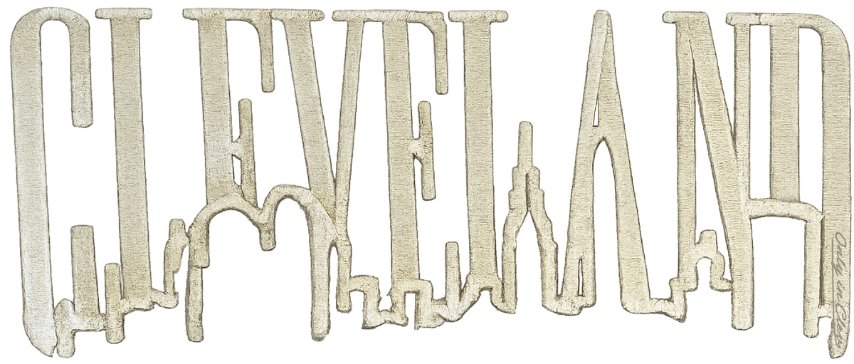 Distressed taupe Cleveland lettering with a jagged skyline-shaped baseline.
