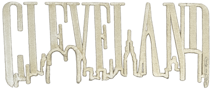 Distressed taupe Cleveland lettering with a jagged skyline-shaped baseline.