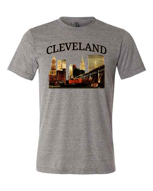 Grey t-shirt with 'CLEVELAND' text and a skyline graphic of Cleveland, Ohio.