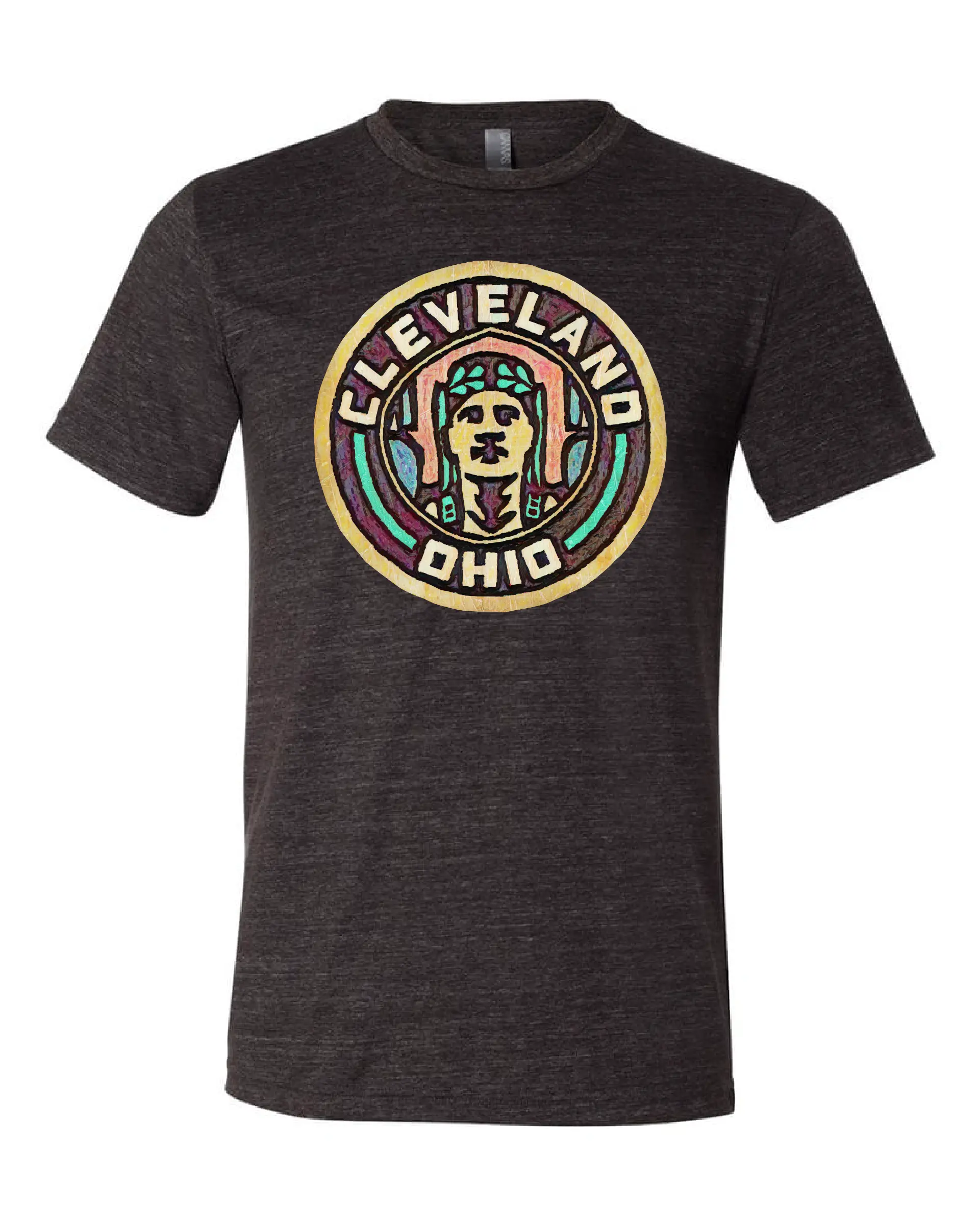 Black t-shirt with a colorful round design on the front that says "Cleveland Ohio" and shows a stylized face from the Guardian of Traffic statue.